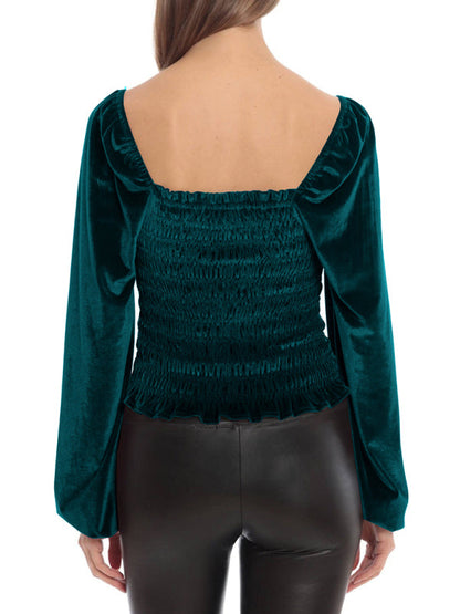 Blouses- Velvet Glam Smocked Blouse- - Pekosa Women Clothing