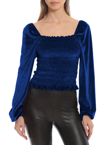 Blouses- Velvet Glam Smocked Blouse- - Pekosa Women Clothing