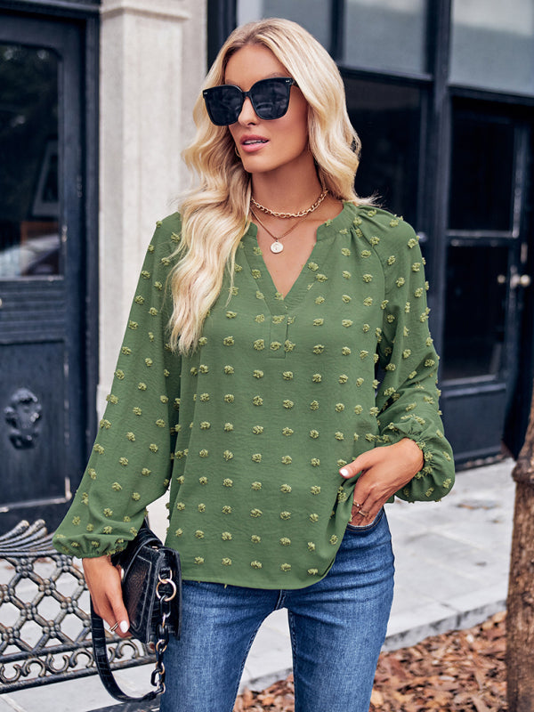 Blouses- Versatile Elegance: Women's Swiss Dot Blouse - Bishop Long Sleeve Top- Green- Pekosa Women Clothing