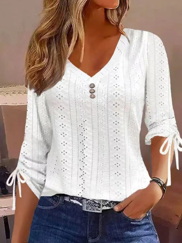 Blouses- Versatile Eyelet Blouse - T-shirt with Adjustable Sleeve- White- Pekosa Women Clothing