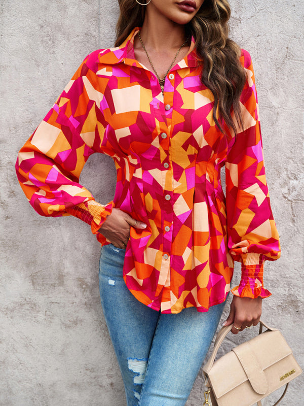 Blouses- Vibrant Colorful Button-down Lantern Sleeve Shirt Blouse- Red- Pekosa Women Clothing