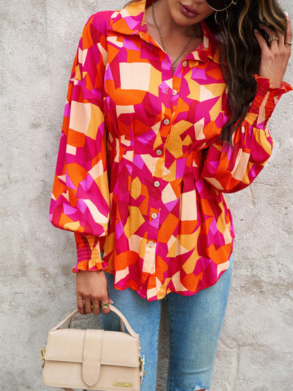 Blouses- Vibrant Colorful Button-down Lantern Sleeve Shirt Blouse- - Pekosa Women Clothing