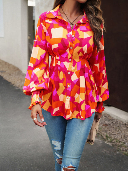 Blouses- Vibrant Colorful Button-down Lantern Sleeve Shirt Blouse- - Pekosa Women Clothing