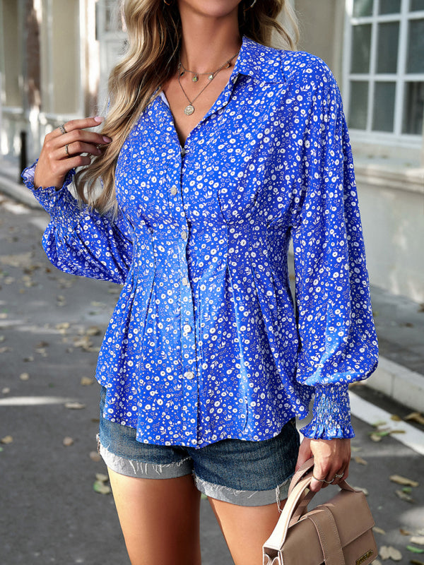 Blouses- Vibrant Colorful Button-down Lantern Sleeve Shirt Blouse- - Pekosa Women Clothing