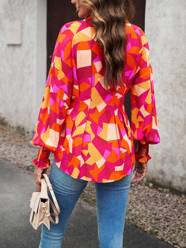 Blouses- Vibrant Colorful Button-down Lantern Sleeve Shirt Blouse- - Pekosa Women Clothing