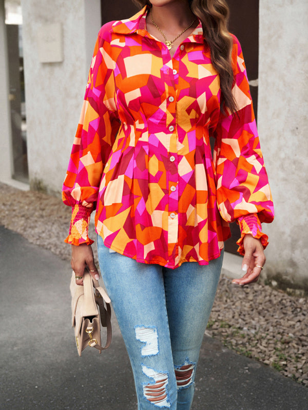 Blouses- Vibrant Colorful Button-down Lantern Sleeve Shirt Blouse- - Pekosa Women Clothing