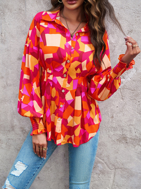 Blouses- Vibrant Colorful Button-down Lantern Sleeve Shirt Blouse- - Pekosa Women Clothing