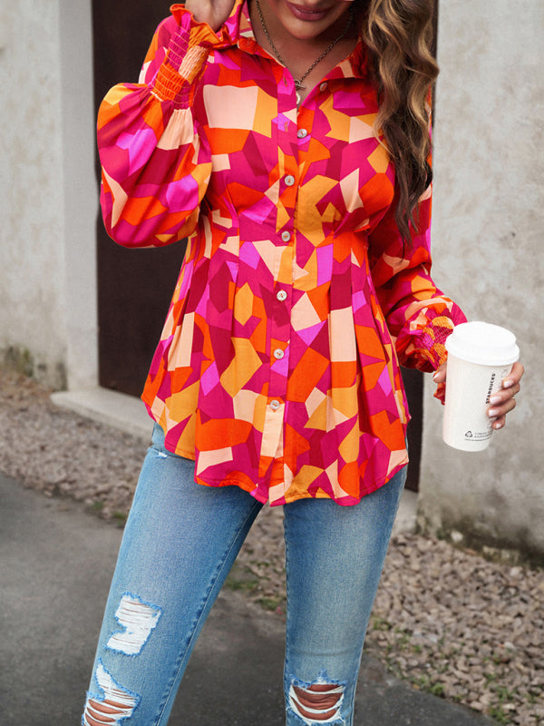 Blouses- Vibrant Colorful Button-down Lantern Sleeve Shirt Blouse- - Pekosa Women Clothing