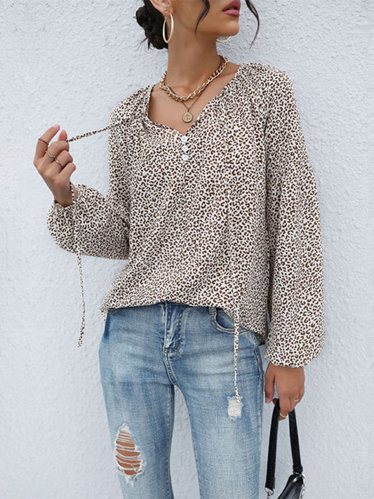 Blouses- Wild Style Alert: Animal Print Lantern Sleeves Blouse - V Neck Top- Khaki- Pekosa Women Clothing