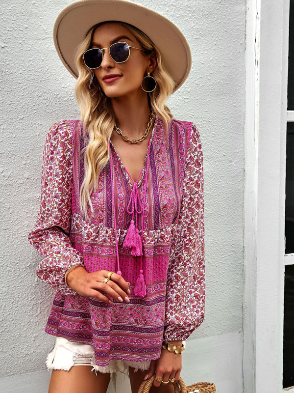 Blouses- Women's Boho Floral Paisley V Neck Blouse: Lantern Sleeves, Tassel Tie- - Pekosa Women Clothing