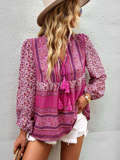 Blouses- Women's Boho Floral Paisley V Neck Blouse: Lantern Sleeves, Tassel Tie- - Pekosa Women Clothing