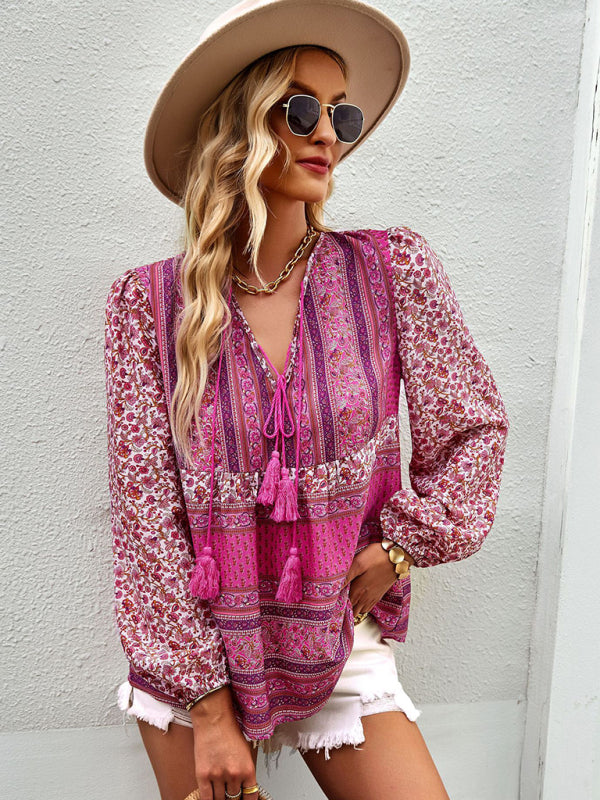 Blouses- Women's Boho Floral Paisley V Neck Blouse: Lantern Sleeves, Tassel Tie- - Pekosa Women Clothing