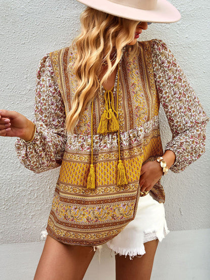 Blouses- Women's Boho Floral Paisley V Neck Blouse: Lantern Sleeves, Tassel Tie- Yellow- Pekosa Women Clothing