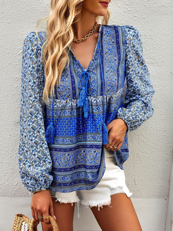 Blouses- Women's Boho Floral Paisley V Neck Blouse: Lantern Sleeves, Tassel Tie- - Pekosa Women Clothing