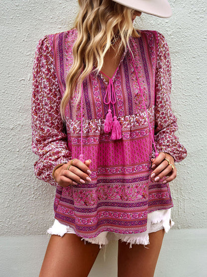 Blouses- Women's Boho Floral Paisley V Neck Blouse: Lantern Sleeves, Tassel Tie- Pink- Pekosa Women Clothing