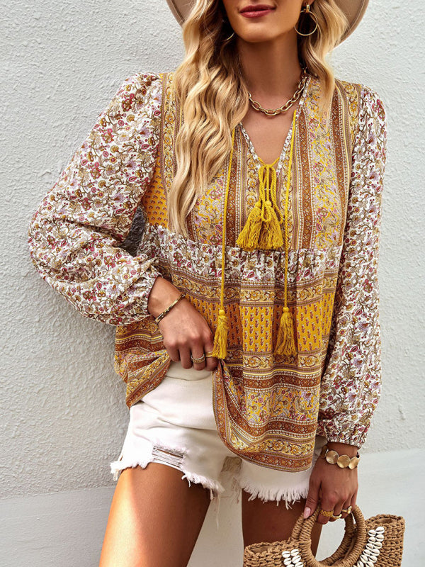 Blouses- Women's Boho Floral Paisley V Neck Blouse: Lantern Sleeves, Tassel Tie- - Pekosa Women Clothing