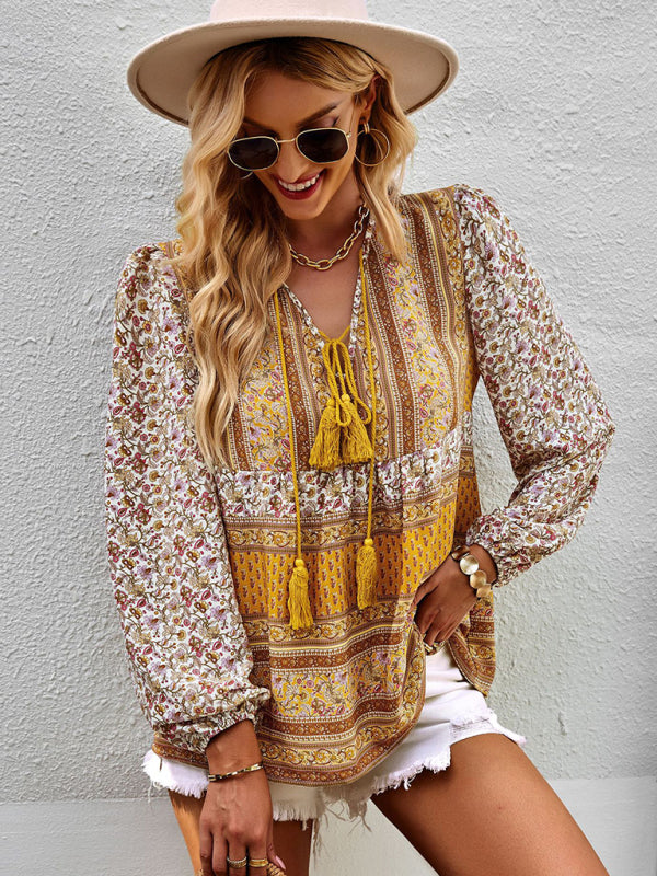 Blouses- Women's Boho Floral Paisley V Neck Blouse: Lantern Sleeves, Tassel Tie- - Pekosa Women Clothing