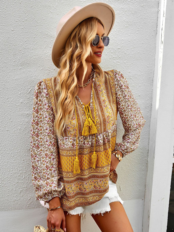 Blouses- Women's Boho Floral Paisley V Neck Blouse: Lantern Sleeves, Tassel Tie- - Pekosa Women Clothing