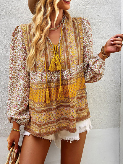 Blouses- Women's Boho Floral Paisley V Neck Blouse: Lantern Sleeves, Tassel Tie- - Pekosa Women Clothing