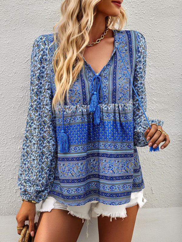 Blouses- Women's Boho Floral Paisley V Neck Blouse: Lantern Sleeves, Tassel Tie- Blue- Pekosa Women Clothing