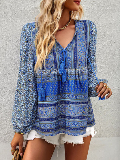 Blouses- Women's Boho Floral Paisley V Neck Blouse: Lantern Sleeves, Tassel Tie- Blue- Pekosa Women Clothing