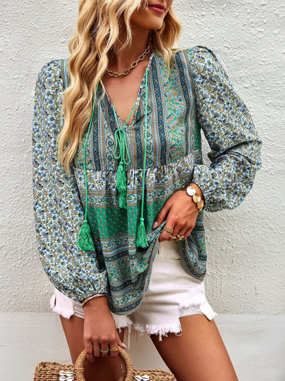 Blouses- Women's Boho Floral Paisley V Neck Blouse: Lantern Sleeves, Tassel Tie- - Pekosa Women Clothing