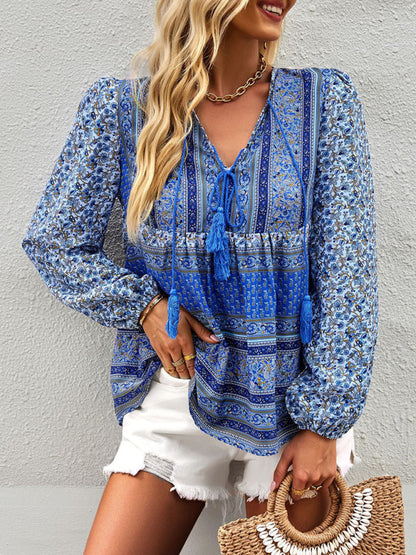 Blouses- Women's Boho Floral Paisley V Neck Blouse: Lantern Sleeves, Tassel Tie- - Pekosa Women Clothing