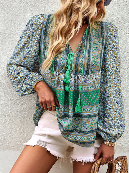 Blouses- Women's Boho Floral Paisley V Neck Blouse: Lantern Sleeves, Tassel Tie- Green- Pekosa Women Clothing