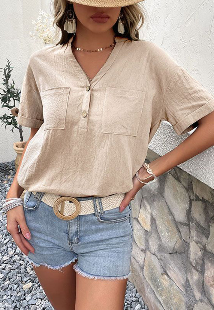 Blouses- Women's Button Down Notch Neck Blouse - Pocketed, Bow Knot Sleeves Top- - Pekosa Women Clothing