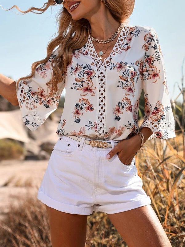 Blouses- Women's Floral Bell Sleeve Lace V-Neck Blouse Top- White- Pekosa Women Clothing