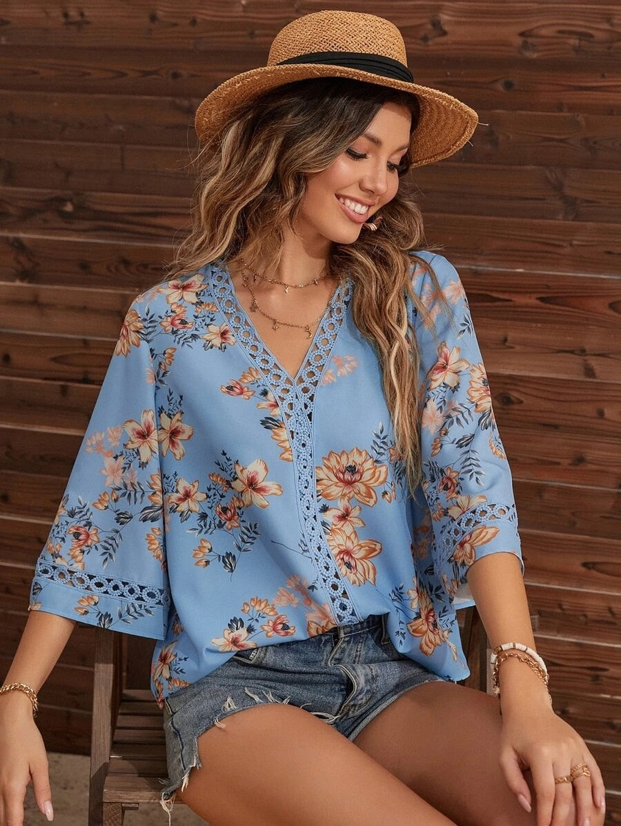 Blouses- Women's Floral Bell Sleeve Lace V-Neck Blouse Top- - Pekosa Women Clothing