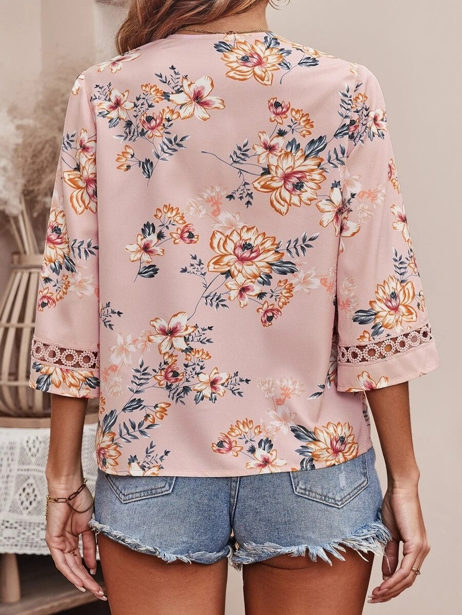 Blouses- Women's Floral Bell Sleeve Lace V-Neck Blouse Top- - Pekosa Women Clothing