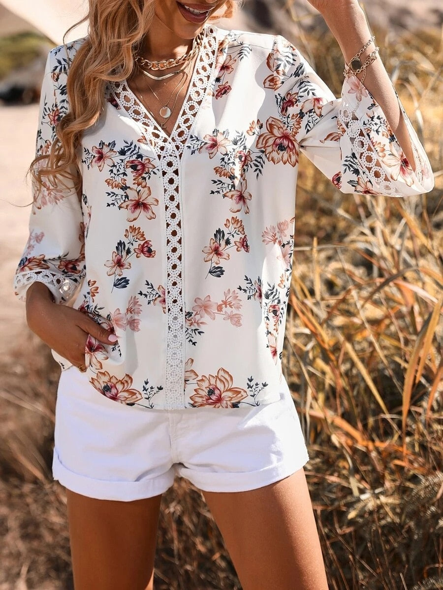 Blouses- Women's Floral Bell Sleeve Lace V-Neck Blouse Top- - Pekosa Women Clothing