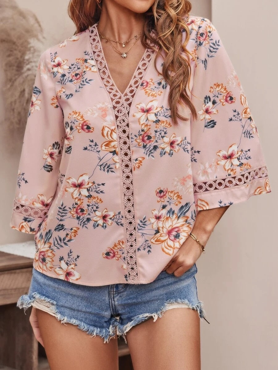 Blouses- Women's Floral Bell Sleeve Lace V-Neck Blouse Top- - Pekosa Women Clothing