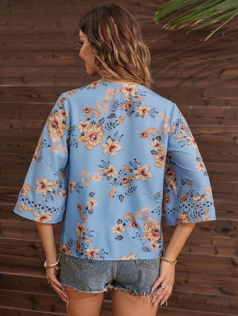 Blouses- Women's Floral Bell Sleeve Lace V-Neck Blouse Top- - Pekosa Women Clothing