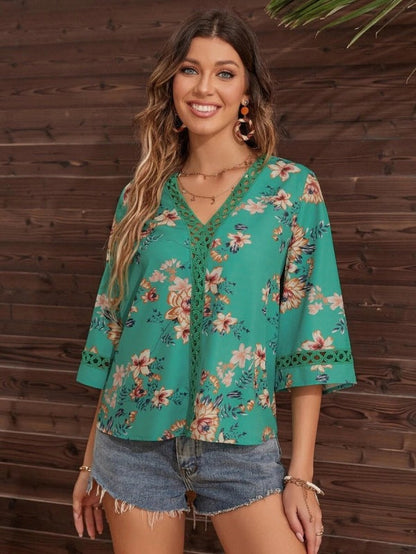 Blouses- Women's Floral Bell Sleeve Lace V-Neck Blouse Top- Green- Pekosa Women Clothing