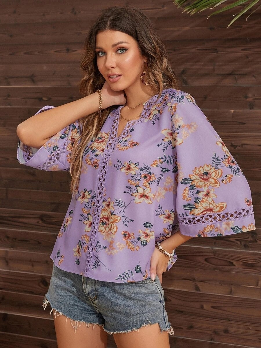 Blouses- Women's Floral Bell Sleeve Lace V-Neck Blouse Top- - Pekosa Women Clothing