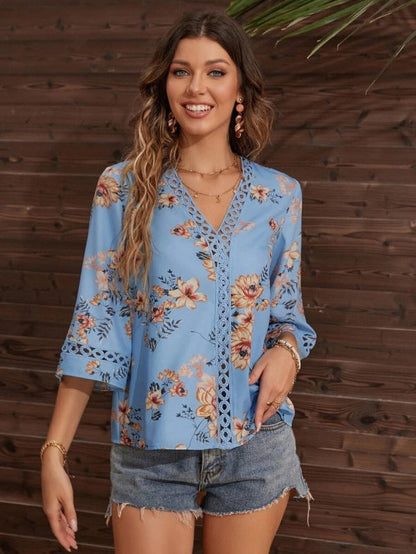 Blouses- Women's Floral Bell Sleeve Lace V-Neck Blouse Top- Blue- Pekosa Women Clothing