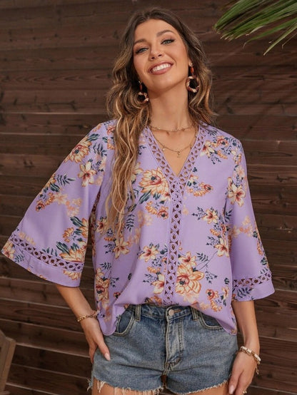 Blouses- Women's Floral Bell Sleeve Lace V-Neck Blouse Top- Purple- Pekosa Women Clothing