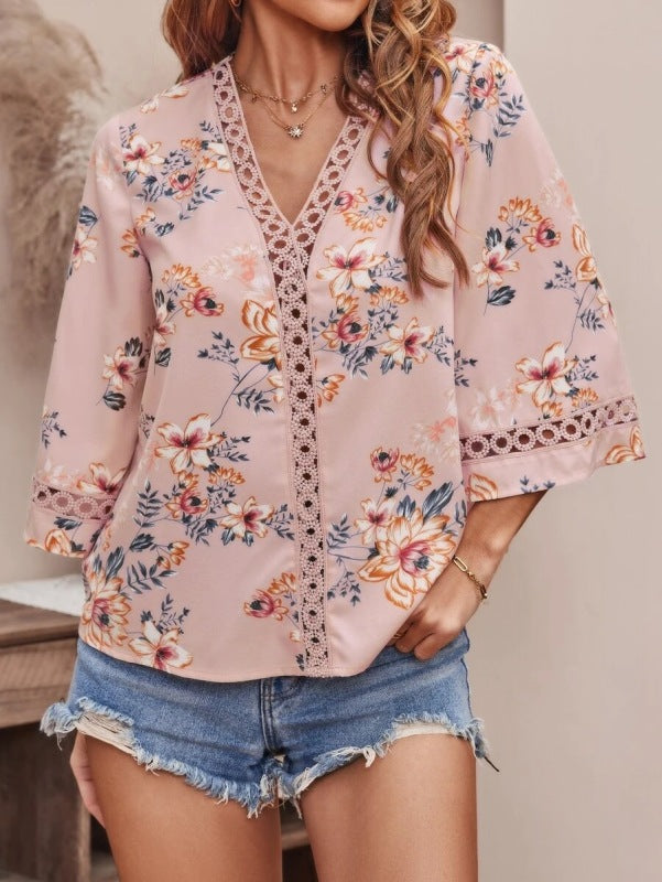 Blouses- Women's Floral Bell Sleeve Lace V-Neck Blouse Top- Pink- Pekosa Women Clothing