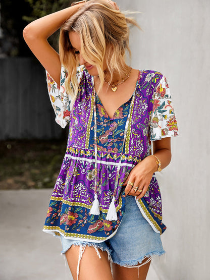 Blouses- Women's Floral Blouse: Buttons, Drawstring Neck - Radiate Charm!- - Pekosa Women Clothing