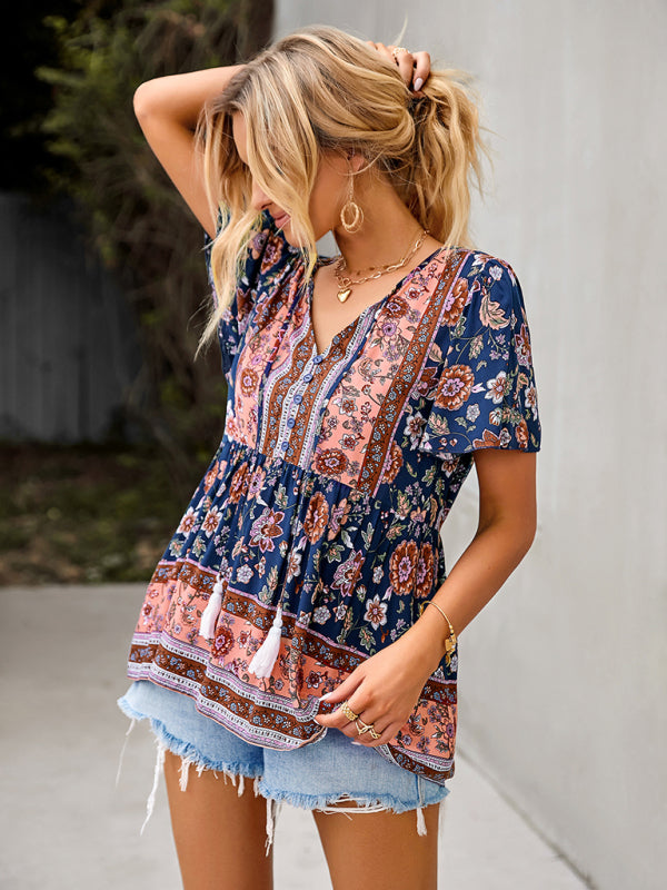 Blouses- Women's Floral Blouse: Buttons, Drawstring Neck - Radiate Charm!- - Pekosa Women Clothing