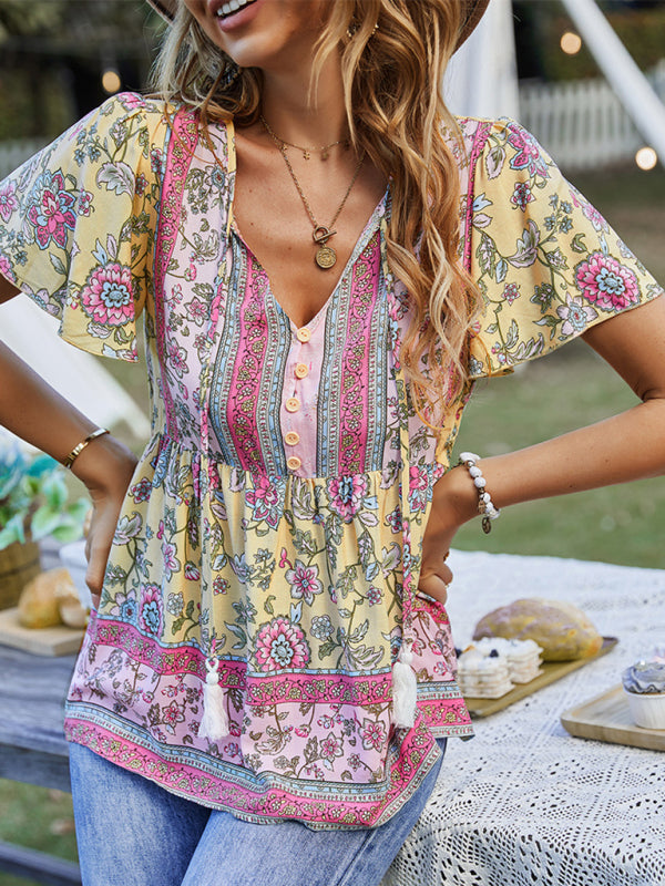 Blouses- Women's Floral Blouse: Buttons, Drawstring Neck - Radiate Charm!- - Pekosa Women Clothing