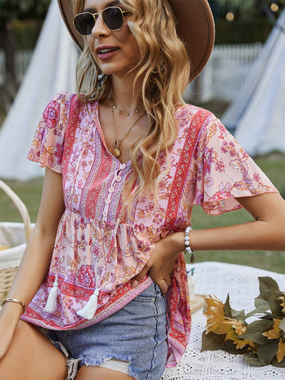 Blouses- Women's Floral Blouse: Buttons, Drawstring Neck - Radiate Charm!- Pink- Pekosa Women Clothing