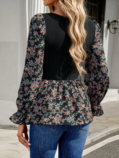 Blouses- Women's Floral Color Block Peplum Blouse with Bishop Sleeves- - Pekosa Women Fashion