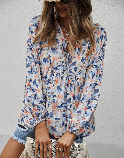 Blouses- Women's Floral Tunic Print Top with Long Sleeves & Neck Tie- - Pekosa Women Clothing