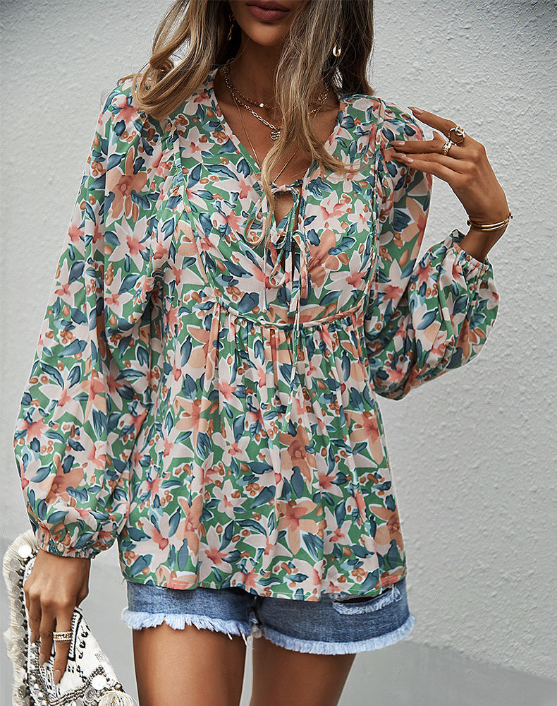 Blouses- Women's Floral Tunic Print Top with Long Sleeves & Neck Tie- - Pekosa Women Clothing