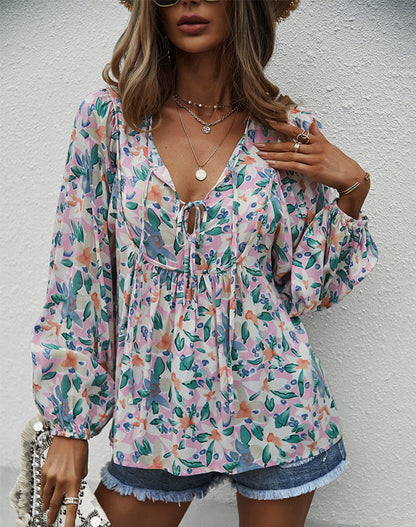 Blouses- Women's Floral Tunic Print Top with Long Sleeves & Neck Tie- Blue- Pekosa Women Clothing