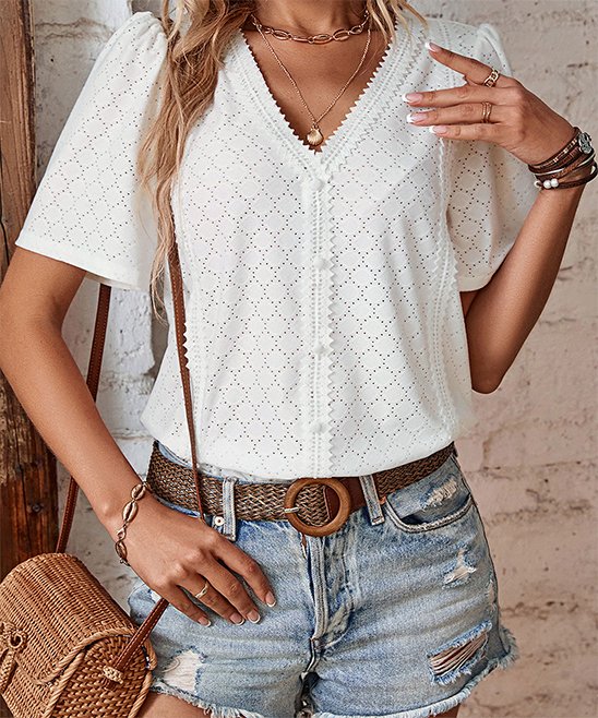 Blouses- Women's Lace Accent Blouse - Chic Style Eyelet Short Puff Sleeves Top- - Pekosa Women Clothing