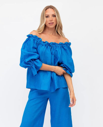 Blouses- Women's Off-Shoulder Ruffle Blouse with Loose Fit & Balloon Sleeves- - Pekosa Women Clothing